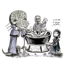 3_fingers 3_toes ambiguous_gender anthro armor big_head biped blush cape capelet clothed clothing cooking_pot crunch_(sound_effect) dialogue dress earless eating eyelashes eyes_closed fangs feet female fingers fire firepit food grass group hair headgear headwear helmet holding_food holding_object nude plant plantigrade salt_shaker scales semi-anthro short_hair short_legs short_tail simple_background sitting size_difference smile snout sound_effects standing tail tapering_tail teeth text thick_tail toes trio ventral_scales white_background wide_crotch worried_look evs_eme elden_ring fromsoftware zorayas aquatic arthropod crustacean humanoid legged_snake manserpent reptile scalie shrimp snake 2023 dated english_text marker_(artwork) monochrome signature spot_color traditional_media_(artwork)