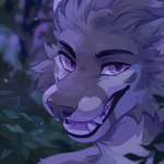 ambiguous_gender anthro blurred_background cheek_tuft facial_tuft fangs fur grey_body grey_fur head_tuft leaf looking_at_viewer open_mouth open_smile outside pink_eyes pink_tongue plant smile solo teeth tongue tree tuft white_body white_fur corzh77 canid mammal 1:1 bust_portrait hi_res portrait