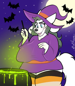 4_ears ambiguous_feral ambiguous_gender anthro arms_bent big_breasts black_body black_eyebrows black_nose black_wings blue_eyes blue_sky breasts cauldron clear_sky clothed clothed_anthro clothed_female clothing dress eyebrows eyelashes fangs female female_anthro feral fluffy fluffy_tail footwear fur grey_hair group hair hat headgear headwear holding_object holding_wand holidays huge_thighs light liquid long_hair magic_user membrane_(anatomy) membranous_wings moon multi_ear open_mouth open_smile orange_clothing orange_footwear orange_knee_socks outside pink_tongue purple_clothing purple_dress purple_hat purple_headwear short_dress sky smile solo_focus sparkles star starry_sky striped_knee_socks tail teeth text thick_thighs tongue wand white_body white_fur white_tail wings witch witch_hat ractoons halloween undertale_(series) fan_character temoshi_(temeowthy) bat canid canine mammal tem 2023 artist_name colored digital_drawing_(artwork) digital_media_(artwork) english_description hi_res lighting shaded simple_shading