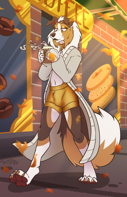 anthro biped bulge cafe clothing coffee_cup container cup detailed_bulge digitigrade eyeshadow feet femboy gold_eyeshadow gold_pants hindpaw leaves_blowing makeup male male_anthro outside paws solo sweater topwear walking bagelbytes canid canine canis collie domestic_dog herding_dog mammal pastoral_dog rough_collie sheepdog digital_media_(artwork) hi_res