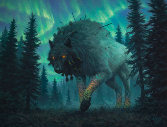 ambiguous_gender arrow_(weapon) aurora_(phenomenon) feral forest fur glowing glowing_eyes gold_(metal) gold_jewelry grass grey_body grey_fur jewelry macro night outside plant ranged_weapon scar solo tattoo tree weapon chris_rahn hasbro magic:_the_gathering wizards_of_the_coast canid canine canis mammal wolf 2020 hi_res official_art