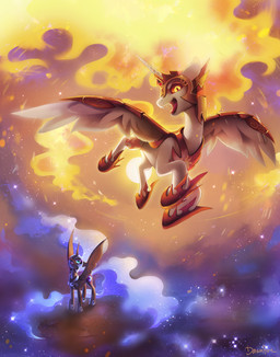 armor cosmic_hair cutie_mark detailed_background duo ethereal_hair eyelashes fangs feathered_wings feathers female fire flaming_hair flying headgear helmet horn looking_at_viewer makeup mascara midair open_mouth open_smile pseudo_hair pupils slit_pupils smile star sun teal_eyes teeth text tongue tongue_out wings yellow_eyes celebi-yoshi friendship_is_magic hasbro my_little_pony mythology daybreaker_(mlp) nightmare_moon_(mlp) equid equine mammal mythological_creature mythological_equine winged_unicorn 2017 absurd_res hi_res signature