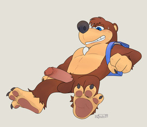 3_toes anthro backpack balls blue_eyes bodily_fluids brown_body brown_fur claws feet fur genitals humanoid_genitalia humanoid_penis male penis solo sweat toe_claws toes korichi banjo-kazooie rareware banjo_(banjo-kazooie) bear mammal 2021 hi_res