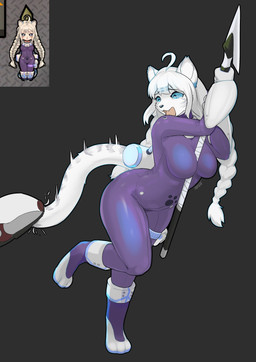 anthro biped breasts clothed clothed_anthro clothed_female clothing female fingers front_view fur hair melee_weapon polearm solo spear tail teeth tongue weapon treyer rimworld felid feline mammal mechanoid 2025 absurd_res digital_drawing_(artwork) digital_media_(artwork) hi_res