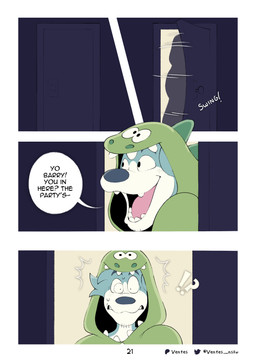 anthro bedroom blue_body blue_fur blue_nose clothed clothed_anthro clothed_male clothing dialogue dinosaur_costume door fully_clothed fully_clothed_anthro fully_clothed_male fur male opening_door pajamas sharp_teeth shocked solo speech_bubble teeth text white_body white_fur white_mouth white_sclera ventesthefloof canid canine canis domestic_dog mammal absurd_res comic english_text hi_res multiple_scenes