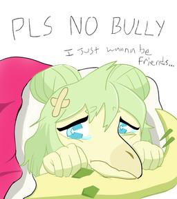 anthro bedding blanket blue_eyes bodily_fluids crying female green_hair hair looking_at_viewer lying on_front sad simple_background solo spiked_tail spikes spikes_(anatomy) tail tears text white_background yellow_body unknown_artist cavemanon_studios goodbye_volcano_high ko_op_(game_developer) snoot_game stella_(gvh_beta) dinosaur ornithischian prehistoric_species reptile scalie stegosaurian stegosaurus thyreophoran english_text hi_res reaction_image