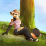 anthro biped clothed clothing day female fluffy fluffy_tail grass outside plant simple_background sitting sky smile solo tail tree nayel-ie ailurid mammal red_panda 2016 hi_res