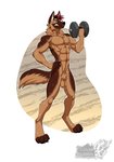 abs angry animal_genitalia anthro athletic athletic_anthro athletic_male balls bicep_curl bodily_fluids brown_body brown_fur exercise fully_sheathed fur genitals hair hand_on_hip holding_object looking_away male neck_tuft nude nude_workout pecs red_eyes sheath simple_background solo sweat tail tan_body tan_fur tuft workout vallhound dayji_(talldoggo) canid canine canis domestic_dog german_shepherd herding_dog mammal pastoral_dog hi_res