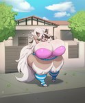 anthro big_breasts bottomwear bra breasts canid canine canis clothed clothing fangs female fluffy fluffy_chest fluffy_tail footwear garnet_(thicccomplex) generation_7_pokemon gesture hair hi_res huge_breasts huge_thighs hyper hyper_breasts hyper_thighs lycanroc mammal massive_thighs midday_lycanroc nintendo norodoggo pokemon pokemon_(species) sidewalk skirt socks spiky_hair tail teeth thick_thighs underwear waving waving_at_viewer wolf_ears wolf_tail