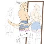anthro athletic athletic_anthro athletic_male blush bottomwear clothed clothing crossdressing crossed_arms duo flower footwear fur furgonomics legwear looking_at_another male mirror motion_blur motion_lines narrowed_eyes on_one_leg plant rear_view reflection simple_background skirt smile socks solo_focus standing tail tail_motion tailwag text thigh_highs thigh_socks topless topless_anthro topless_male tuft white_background casssenpaii beastars jack_(beastars) legoshi_(beastars) bird_dog canid canine canis domestic_dog hunting_dog labrador mammal retriever wolf 2025 english_text hi_res