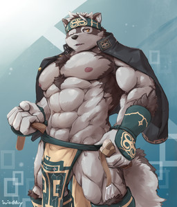 5_fingers abs abstract_background accessory anthro armor armpit_hair armwear barazoku belt black_body black_fur black_nose blue_background body_hair bottomwear brown_body brown_fur bulge chest_tuft clothed clothing coat coat_cape fingers front_view fur gauntlets gloves handwear headband headgear headwear jacket kemono legwear loincloth male multicolored_body multicolored_fur muscular muscular_anthro muscular_male nipples one_eye_closed open_clothing open_coat open_topwear pecs pink_nipples simple_background solo standing topwear tuft two_tone_body two_tone_fur undressing vambrace white_body white_fur yellow_eyes waddledox lifewonders tokyo_afterschool_summoners horkeu_kamui_(tas) canid canine canis mammal wolf 2017 hi_res signature