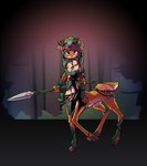 bell bottomless braided_hair clothed clothing female flower flower_crown green_hair hair horn jewelry leaf_clothing legwear melee_weapon midriff navel necklace pigtails plant polearm solo spear twin_braids weapon crowskull deer deer_taur mammal mammal_taur taur absurd_res hi_res