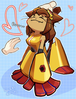 ^w^ acting_like_a_cat all_fours anthro arched_back armor arms_between_legs armwear black_armwear black_clothing black_legwear black_nose blue_background breasts brown_body brown_fur brown_hair brown_tail clothing club_arms disembodied_hand dot_nose enjoying eyes_closed eyewear eyewear_on_head female fur gauntlets geometric_background gloves goggles goggles_on_head greaves grid_background hair handwear happy head_back headpat heart_symbol humanoid_hands leaning leaning_forward leaning_on_hands legwear logo medium_breasts one_fang outline pattern_background petting purring raised_tail sabatons shoulder_length_hair simple_background sleeveless_clothing smile solo spiky_hair spread_legs spreading tail tail_motion tailwag text vambrace whiskers white_outline yellow_armor yellow_clothing anerocing gameoverse glitch_productions kit_bodega domestic_cat felid feline felis mammal 2026 artist_logo artist_name cel_shading full-length_portrait hi_res portrait shaded