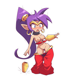 armor blue_eyes blush bracers breasts collar ear_piercing ear_ring eyelashes female genitals hair humanoid_pointy_ears long_hair nipples not_furry open_mouth piercing pointy_ears ponytail ring_piercing shrinking simple_background size_transformation solo standing surprised transformation vulva white_background inksgirls shantae_(series) wayforward shantae genie humanoid 1:1 2019