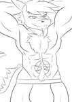 abs anthro biceps clothing hands_behind_head jock jockstrap male muscular muscular_anthro muscular_male pecs raised_arms simple_background smile solo tail underwear white_background joykill mythology loki_rel_zephyr demon dragon mythological_creature mythological_scalie scalie black_and_white digital_media_(artwork) hi_res monochrome