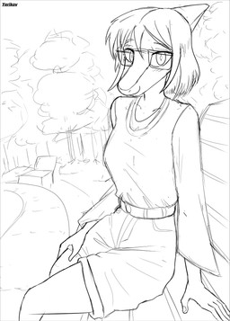 5_fingers anthro bench bob_cut bone_frill bottomwear clothing eyewear female fingers frill_(anatomy) glasses hair long_sleeve_shirt looking_at_viewer outside park park_bench rectangular_glasses short_hair shorts sitting smile snout solo text yeik_art cavemanon_studios goodbye_volcano_high ko_op_(game_developer) snoot_game naomi_(gvh) dinosaur hadrosaurid ornithischian ornithopod parasaurolophus prehistoric_species reptile scalie 2025 artist_name hi_res monochrome sketch watermark