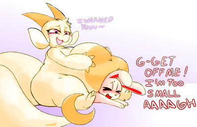 anthro belly big_belly duo horn overweight sitting sitting_on_another text white_body gummyfruitcup chikn_nuggit mythology fwench_fwy_(chikn_nuggit) iscream_(chikn_nuggit) dragon lagomorph leporid mammal mythological_creature mythological_scalie rabbit scalie 2026 english_text hi_res