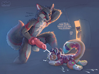 animal_genitalia anthro balls bodily_fluids caught_in_the_act caught_masturbating cum cum_on_plushie cumshot dialogue ejaculation erection fur genital_fluids genitals hair knot knotted_penis male markings masturbation nude open_mouth penis plushie plushophilia simple_background solo tail text tailbyte 4:3 absurd_res digital_media_(artwork) english_text hi_res shaded signature