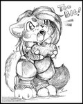 2023 angry anthro big_breasts black_border border breasts canid chibi clothed clothing dialogue ear_piercing english_text facial_piercing female furgonomics furry-specific_piercing greyscale holding_breast mammal monochrome muzzle_piercing nose_piercing o-kemono open_mouth piercing solo tail teeth text