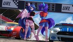 anthro bottomwear burnout butt car clothed clothing duo female female/female footwear furgonomics horn looking_at_viewer race_queen race_track skirt smoke socks tail tail_through_skirt underwear vehicle wings lightly-san ferrari ford ford_mustang hasbro my_little_pony mythology delly graceful_motion equid equine horse mammal mythological_creature mythological_equine pegasus pony unicorn digital_media_(artwork) hi_res shaded