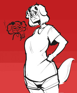 anthro bottomwear clothed clothing eyewear female floppy_ears gesture glasses hair hand_gesture horn looking_at_viewer open_mouth red_background shirt short_hair shorts simple_background solo t-shirt tail topwear v_sign saucymauler canid canine canis domestic_dog mammal 5:6 compression_artifacts hi_res signature trans_(lore) trans_woman_(lore)