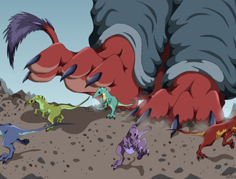 3_toes ambiguous_gender anthro black_claws black_eyes blue_body claws feet female feral foot_focus fur green_body green_eyes grey_body group macro male paws pink_body purple_body red_body red_scales running scales size_difference tail tail_tuft toe_claws toes tuft walking yellow_body yellow_eyes vegabone mythology cirez dinosaur dragon dromaeosaurid mythological_creature mythological_scalie prehistoric_species reptile saurischian scalie theropod tyrannosaurid tyrannosauroid tyrannosaurus tyrannosaurus_rex