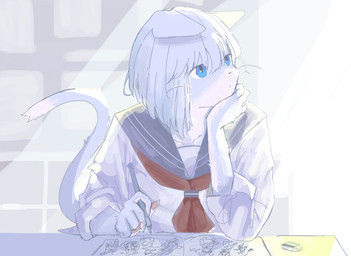 anthro blue_eyes book bright_light clothing drawing eraser female fur hair hand_on_head light pen school_uniform solo sunlight tail topwear uniform white_body white_fur white_hair mametunu domestic_cat felid feline felis mammal 2021 absurd_res digital_drawing_(artwork) digital_media_(artwork) hi_res sketch