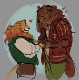 anthro blonde_hair brown_body brown_fur clothing duo eyewear fur glasses hair hand_holding heart_symbol male male/male male_anthro mane orange_body orange_fur orange_hair overweight overweight_anthro overweight_male standing sweater sweater_vest tail topwear vest wearing_glasses yellow_body yellow_fur wormonacytring canid canine felid lion mammal pantherine 2023 hi_res sketch