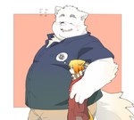 anthro belly big_belly blush bottomwear clothing duo eyes_closed kemono male overweight overweight_male pants scarf shirt size_difference sweater topwear inunoshippo canid canine canis domestic_dog mammal 2022 hi_res