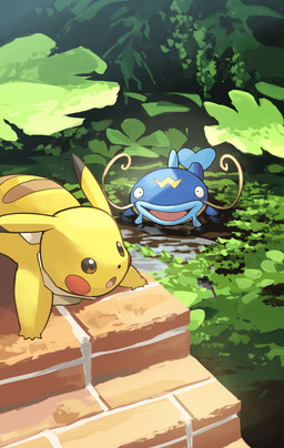ambiguous_gender blue_body brown_eyes duo feral looking_at_another markings open_mouth plant stairs striped_markings stripes tongue water yellow_body hakkentai_pkdn nintendo pokemon pokemon_mystery_dungeon spike_chunsoft aquatic fish generation_1_pokemon generation_3_pokemon pikachu pokemon_(species) whiscash 2025 hi_res