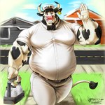 animal_print anthro awkward_smile barazoku belly big_belly bow_tie clothing cow_print dairy_products duo ear_piercing ear_tag food male milk milkman moobs musclegut muscular muscular_anthro muscular_arms muscular_male overweight overweight_male piercing saludating shy shy_smile tight_clothing uniform awkn_arts marty_the_moonbull bovid bovine cattle mammal 1:1 hi_res