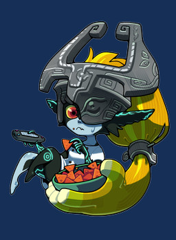 bodily_fluids chips_(food) clothed clothing controller eating female floating food humanoid_pointy_ears looking_at_viewer not_furry one_eye_obstructed oversized_clothing oversized_shirt oversized_topwear pointy_ears remote_control shirt solo sweat topwear discount-supervillain nintendo the_legend_of_zelda twilight_princess midna humanoid imp twili alpha_channel hi_res