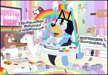 ageplay anthro baby_bottle baby_bouncer baby_food bib big_diaper bodily_fluids buttplug cross-eyed diaper dildo framed_picture genital_fluids hitachi_magic_wand hypnosis infantilism male mind_control multicolored_eyes nursery open_mouth paddle photo playpen plug_(sex_toy) plushie rainbow rainbow_eyes ringed_eyes rocking_horse roleplay rug sex_toy shelf solo submissive submissive_male text tongue tongue_out toy unclean_diaper urine used_diaper vibrator wand_vibrator wet_diaper tenerius bluey_(series) hitachi bandit_heeler chilli_heeler fido_(bluey) pat_(bluey) australian_cattle_dog bird_dog canid canine canis cattledog domestic_dog herding_dog hunting_dog labrador mammal pastoral_dog retriever 2025 absurd_res digital_media_(artwork) english_text hi_res