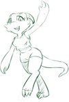 anthro bottomwear clothing female gesture hotpants shorts simple_background solo walking waving waving_at_viewer white_background telsie pooky_(pooky's_goodra) kobold scalie black_and_white green_and_white monochrome