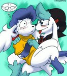 blush clothing duo eyewear glasses male sweater teasing thought_bubble tongue tongue_out topwear screamoshaymin nintendo pokemon nico_(screamoshaymin) spec_(swinging) generation_4_pokemon legendary_pokemon pokemon_(species) shaymin sky_forme_shaymin hi_res