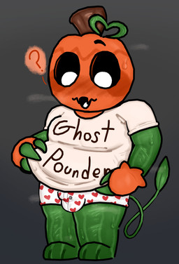 anthro bodily_fluids boxers_(clothing) clothed clothing confusion erection erection_under_clothing food for_a_head fruit fully_clothed heart_boxers heart_clothing heart_symbol heart_underwear jack-o'-lantern male musk plant pumpkin pumpkin_head shirt slightly_chubby solo sweat t-shirt tenting text text_on_clothing text_on_shirt text_on_topwear thick_thighs topwear underwear young young_male pebblegorepup blushcrunch_studio dandy's_world gourdy_holloway object_head toon_(dandy's_world) hi_res