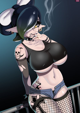 alternative_fashion big_breasts bottomwear breasts cigarette clothing ear_piercing ear_ring female goth hotpants legwear looking_at_viewer nipple_outline panties piercing ring_piercing shorts smoking solo tattoo thigh_highs underwear stevechopz nintendo splatoon marie_(splatoon) animal_humanoid aquatic aquatic_humanoid cephalopod cephalopod_humanoid humanoid inkling mammal mollusk mollusk_humanoid absurd_res hi_res