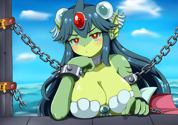 5_fingers annoyed artist big_breasts blush bra breasts chain cleavage clothed clothing eyebrows eyelashes female fingers hair long_hair looking_at_viewer macro non-mammal_breasts red_eyes seashell_bra solo split_form underwear water johnny0102 shantae_(series) wayforward giga_mermaid aquatic humanoid humanoid_merfolk merfolk