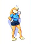 anthro barefoot big_breasts black_eyes blonde_hair blue_background blue_bottomwear blue_clothing blue_skirt blue_topwear bottomwear breasts buckteeth clothed clothing eyelashes eyeshadow feet female floppy_ears fur gloves hair hand_on_hip handwear head_tuft looking_at_viewer lop_ears makeup nipple_outline orange_body orange_fur pink_eyeshadow pink_nose simple_background skirt smile solo tan_body tan_fur teeth thick_thighs topwear tuft white_background white_clothing white_gloves white_handwear wide_hips notilustregui looney_tunes warner_brothers lola_bunny lagomorph leporid mammal rabbit absurd_res hi_res