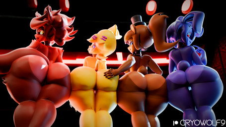 anthro barely_visible_genitalia barely_visible_vulva big_breasts big_butt blue_eyes breasts buckteeth butt clothing crossgender female fingers genitals glistening glistening_butt group hand_on_butt hat headgear headwear looking_back low-angle_view machine mtf_crossgender nude pink_eyes pupils red_eyes scut_tail short_tail slit_pupils standing tail teeth top_hat vulva yellow_eyes cryowolf9 cryptiacurves_(modeler) five_nights_at_freddy's fredina's_nightclub scottgames bonfie_(cryptiacurves) bonnie_(fnaf) chica_(fnaf) chiku_(cryptiacurves) fexa_(cryptiacurves) foxy_(fnaf) freddy_(fnaf) frenni_(cryptiacurves) animatronic avian bear bird canid canine chicken fox galliform lagomorph leporid mammal phasianid rabbit robot 16:9 2025 3d_(artwork) digital_media_(artwork) hi_res widescreen