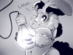 antennae_(anatomy) anthro arm_tuft belly big_belly big_breasts big_eyes black_eyes breast_squish breasts claws dialogue ellipsis featureless_breasts female fluffy forearm_tuft forearms fur glistening glistening_eyes grey_background highlights_(coloring) holding_object huge_breasts light light_bulb navel neck_tuft simple_background slightly_chubby solo squish text tuft wire karakylia arthropod insect lepidopteran moth 2022 4:3 greyscale monochrome shaded