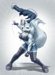 anthro black_nose boots bottomwear breasts clothed clothing collar eyebrows eyelashes female fingerless_gloves fluffy fluffy_tail footwear fur gloves handwear jacket legwear looking_at_viewer midriff muscular muscular_anthro muscular_female navel scar shoes shorts simple_background solo standing tail thigh_boots thigh_highs topwear white_background white_body white_fur yellow_eyes mykegreywolf velvela canid canine canis mammal wolf 2016 absurd_res hi_res