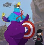 anthro avian big_butt bird budge_(fortnite) butt clothed clothing dialogue domestic_cat duo english_text epic_games feathers felid feline felis female fortnite hi_res huge_butt mammal marvel meow_skulls nude object_between_cheeks parakeet parrot purple_body purple_feathers shield sssonic2 text true_parrot