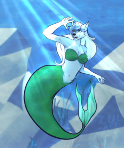 anthro bra breasts cleavage clothed clothing female fur green_body green_bra green_clothing green_scales green_tail green_underwear hair light light_beam long_hair looking_up mermaid_tail navel open_mouth open_smile raised_arm scales seashell_bra seaweed smile solo split_form strapless_bra strapless_clothing strapless_underwear sunbeam sunlight tail teeth underwater underwear water white_body white_fur white_hair zularts nyra_(rikuthemermage) aquatic canid canine canis mammal merfolk wolf hi_res