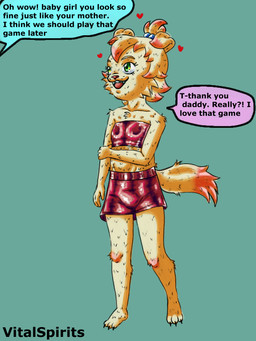 anthro daddy_kink dyed_fur excited female male skimpy_dress text young young_female vitalspirits chocee_lumbrig canid canine canis domestic_dog mammal 3:4 english_text