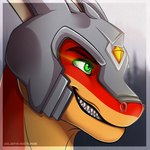 anthro armor bleak_ambiance clenched_teeth crystal glowing glowing_eyes green_eyes headgear helmet horn looking_forward male metal orange_body orange_scales red_body red_scales scales smile solo teeth volodyanocturne mythology arix dragon mythological_creature mythological_scalie scalie 1:1 2019 hi_res signature