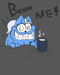 anthro beverage blue_body blue_fur breasts clothing coffee coffee_mug container cup exclamation_point female fur furniture hair hat headgear headwear holding_container holding_cup holding_mug holding_object mug ponytail smile solo spiral spiral_eyes table wide_eyed conditional_dnp quin-nsfw garfield_(series) mona_(averyshadydolphin) felid feline mammal 2018 4:5 absurd_res hi_res