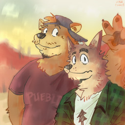 anthro backwards_baseball_cap backwards_hat baseball_cap brown_body brown_fur clothing duo eyebrows flannel_shirt front_view fur furgonomic_headwear furgonomics gesture hair hair_through_hat hand_gesture hat head_tuft headgear headwear male male/male outside pattern_clothing pattern_shirt pattern_topwear plaid plaid_clothing plaid_shirt plaid_topwear pointy_ears prick_ears shirt simple_background slightly_chubby topwear tuft v_sign virasuals arches_(game) echo_(series) echo_project cameron_wilson devon_ortega bear brown_bear canid canine canis coyote mammal ursine 1:1