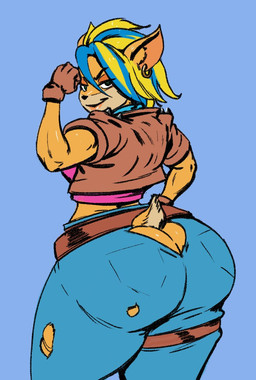 anthro big_butt biped bottomwear brown_clothing brown_gloves brown_handwear brown_jacket brown_topwear butt butt_focus butt_window clothed clothing denim denim_bottomwear denim_clothing ear_piercing ear_ring female flexing fully_clothed gloves handwear huge_butt jacket jeans pants piercing pink_clothing pink_shirt pink_topwear ring_piercing shirt simple_background smile smirk solo tail thick_thighs topwear wide_hips redandblacktac activision crash_bandicoot_(series) pirate_tawna bandicoot mammal marsupial