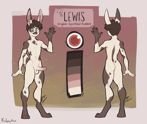 anthro brown_body brown_fur eyewear fur genitals glasses hair male markings messy_hair nerd penis solo spots spotted_body spotted_fur white_body white_fur kisly lewis_(defective) lagomorph leporid mammal rabbit hi_res model_sheet